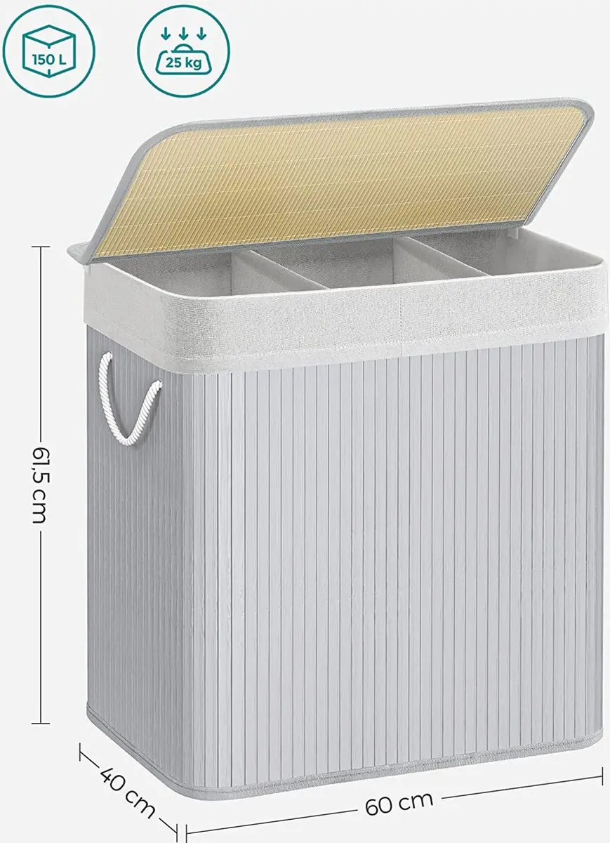 Songmics Wasmand 3 Compartimenten 150L - Grijs