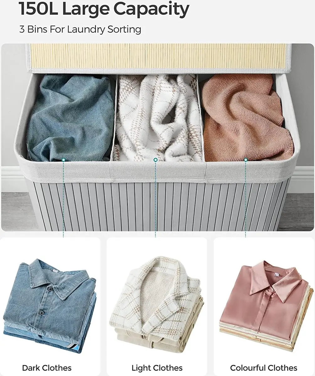 Songmics Wasmand 3 Compartimenten 150L - Grijs - afbeelding 6 van 6