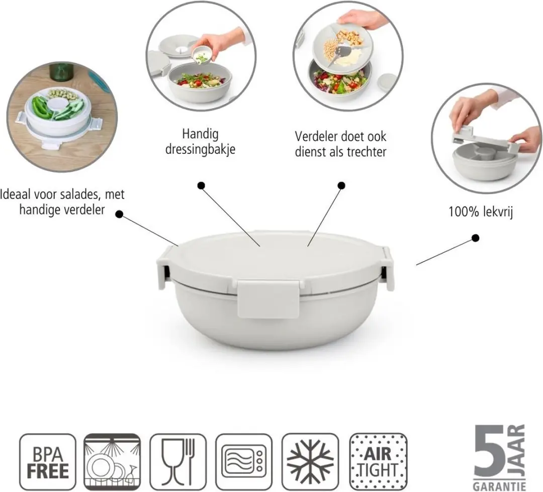 Brabantia Make & Take Salade Lunchbox 1,3L - 4-delig - Light Grey
