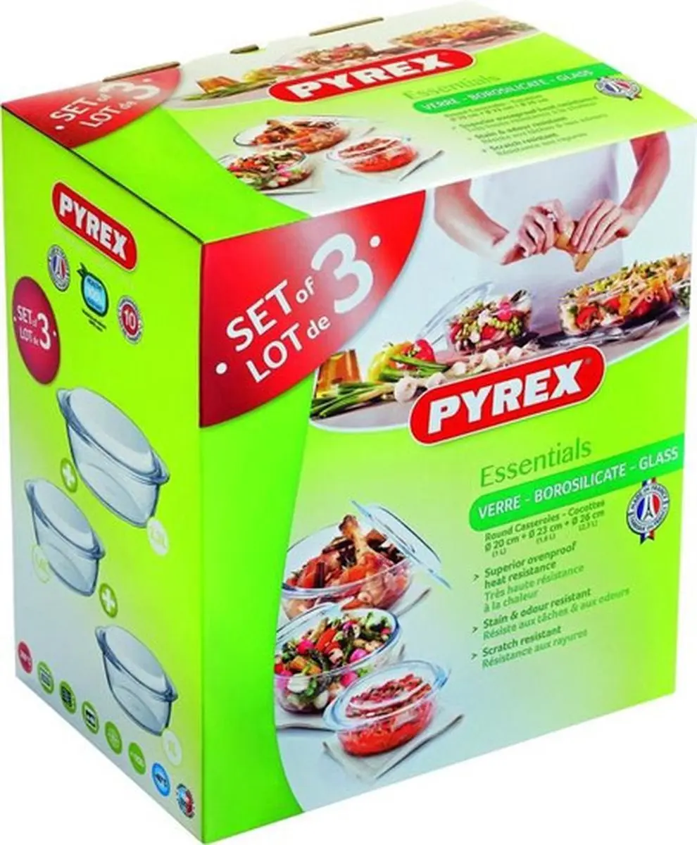 PYREX Set van 3 Ronde Glazen Ovenschalen 1,4/2,1/3L - Transparant