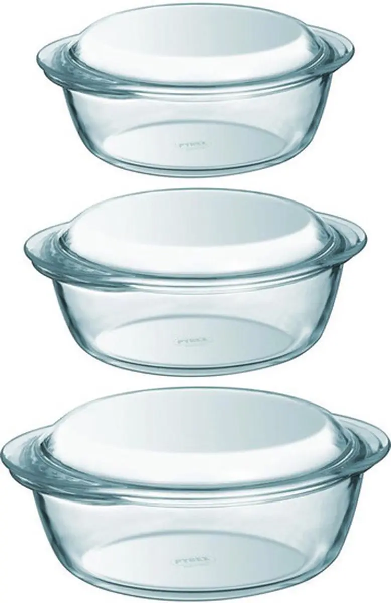 PYREX Set van 3 Ronde Glazen Ovenschalen 1,4/2,1/3L