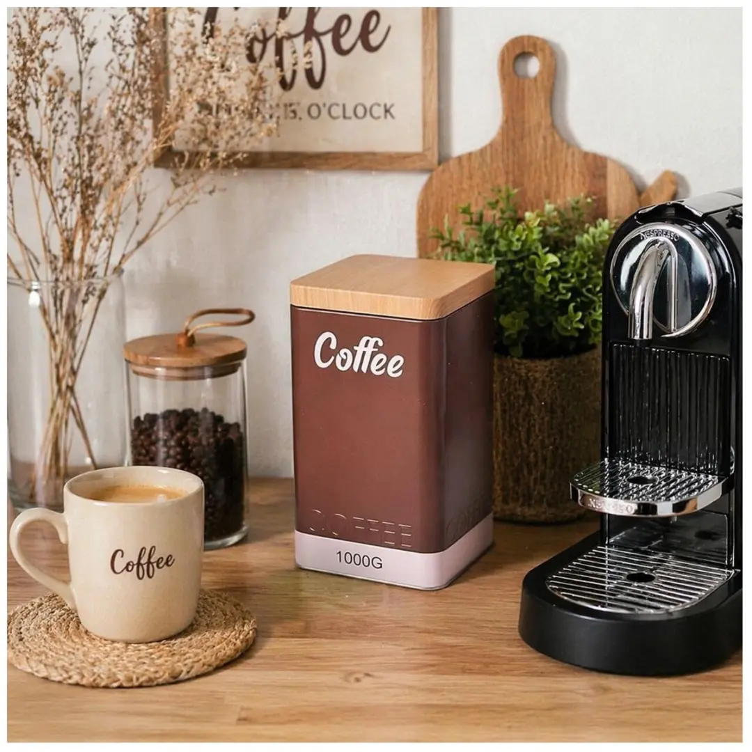 Excellent Houseware Koffie Bewaarblik - 3x - Houten deksel
