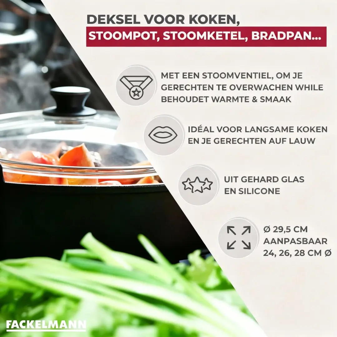 Fackelmann Deksel Glas & Siliconen 24-28cm - 28cm - Transparant/Zwart