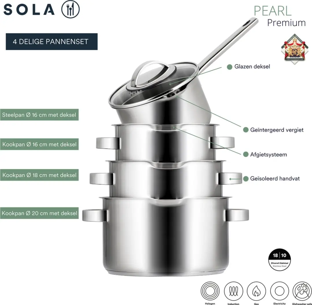 Sola Pearl Premium Pannenset 4-delig - RVS - 16cm/1.5L
