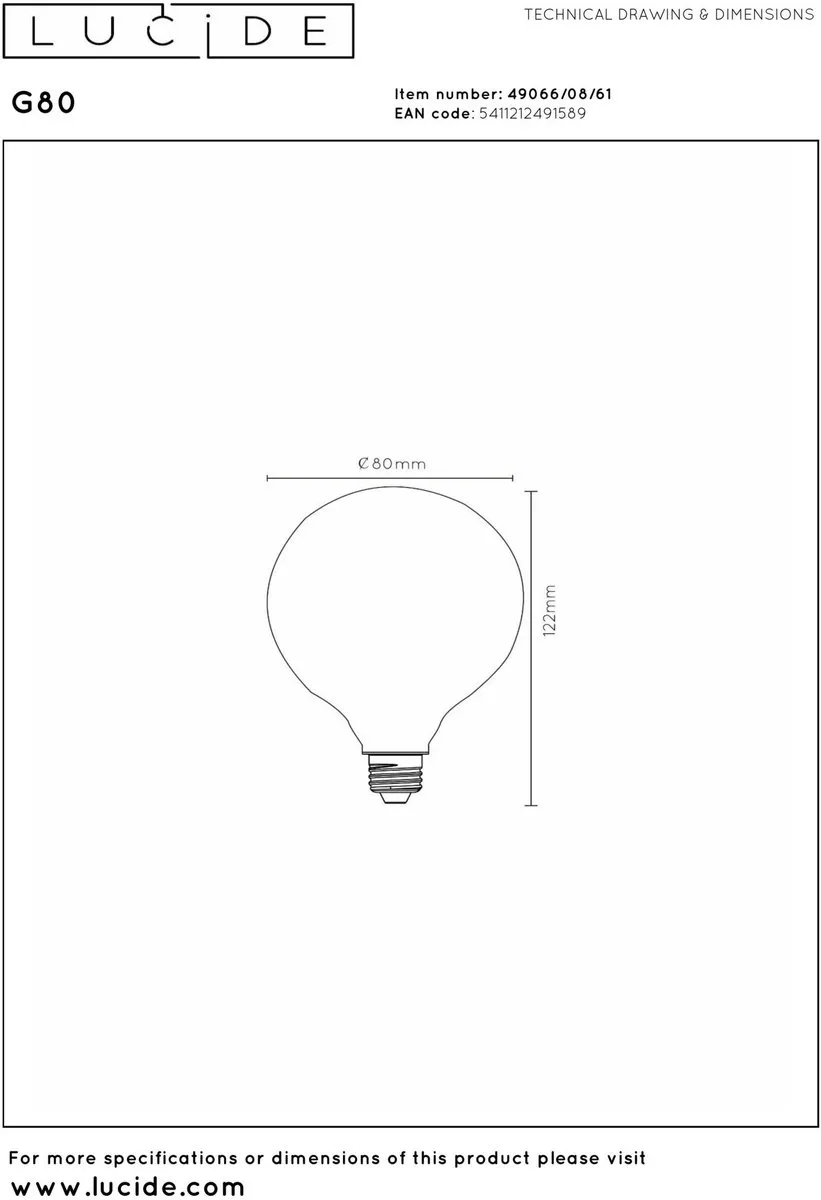 Lucide G80 LED Filamentlamp Ø8cm - 8W 2700K Rookglas - afbeelding 6 van 6