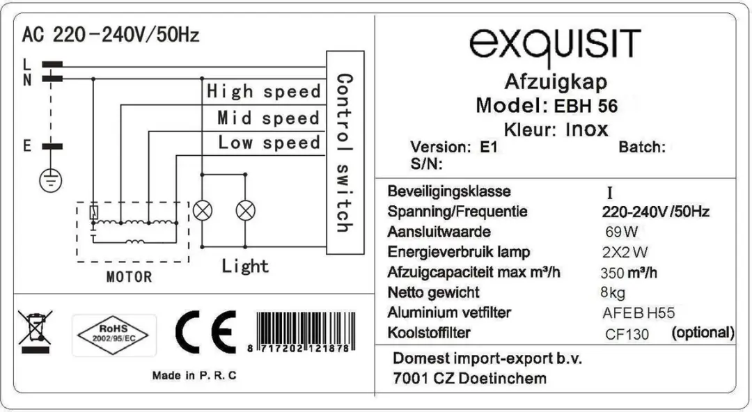 Exquisit EBH56 Inbouw Afzuigunit - 350 m³/u - 150mm - RVS