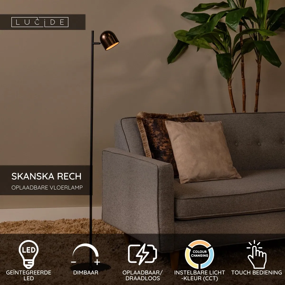 Lucide Skanska Rech Oplaadbare Vloerlamp - 1x3W LED - 3000K/6000K - Koffie