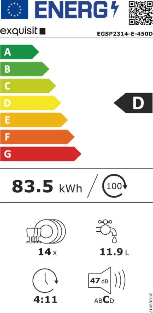 Exquisit EGSP2314-E-450D Inbouw Vaatwasser 14 Couverts