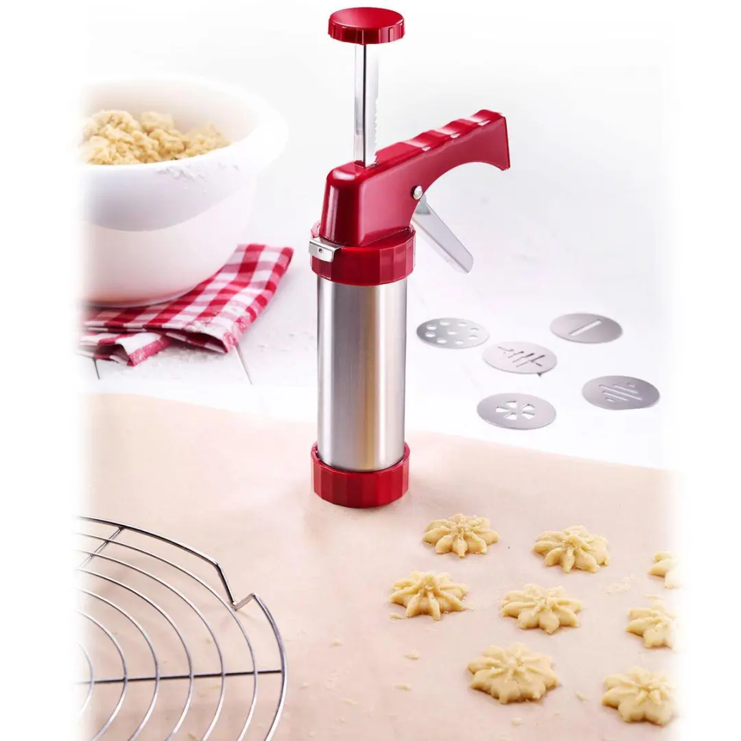 Westmark Koekpers/Decoratiespuit 250ml - 8 Sjablonen & 8 Spuitmonden - Rood/Zilver