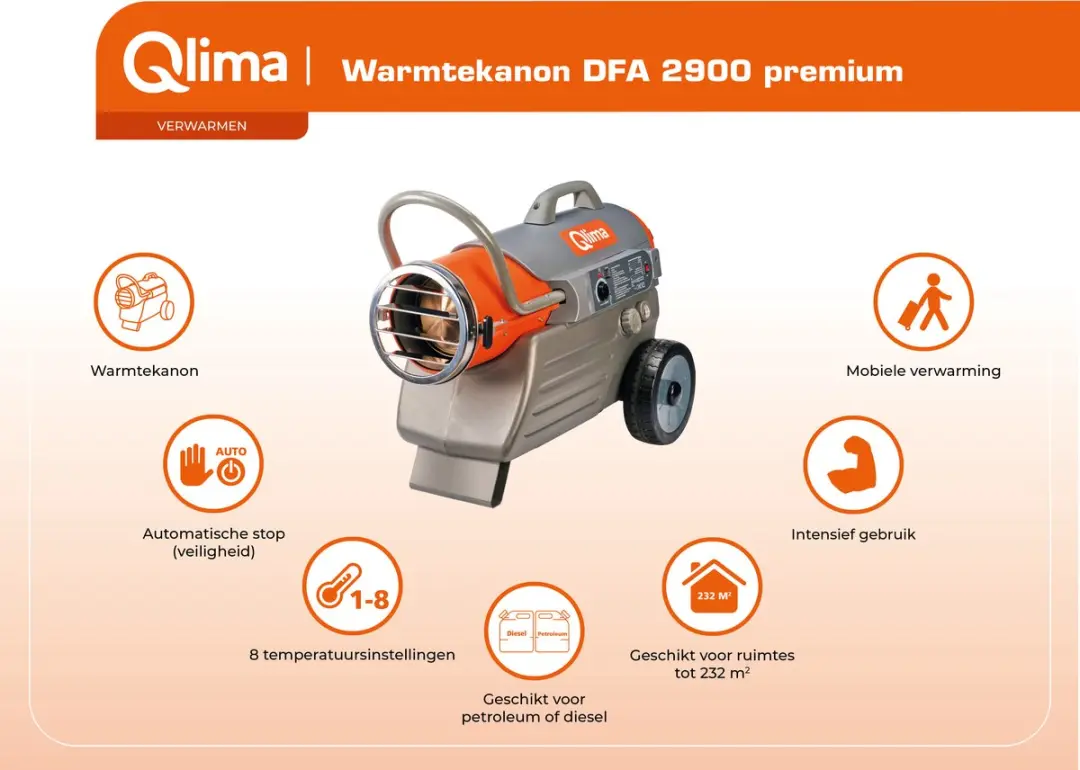 Qlima DFA 2900 Premium Warmtekanon 2900W - 8 standen - Oranje/Zilver