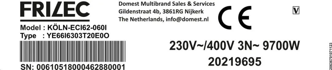 Frilec KOLN-ECI62-060I Inductiefornuis 4 Zones - 2/3 Fasen 7,6kW