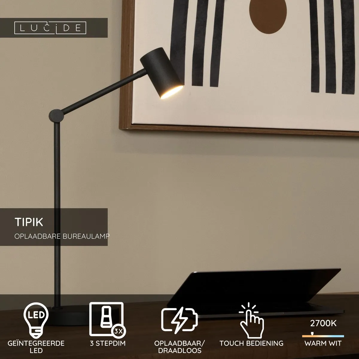 Lucide Tipik Oplaadbare Bureaulamp 3W - Zwart
