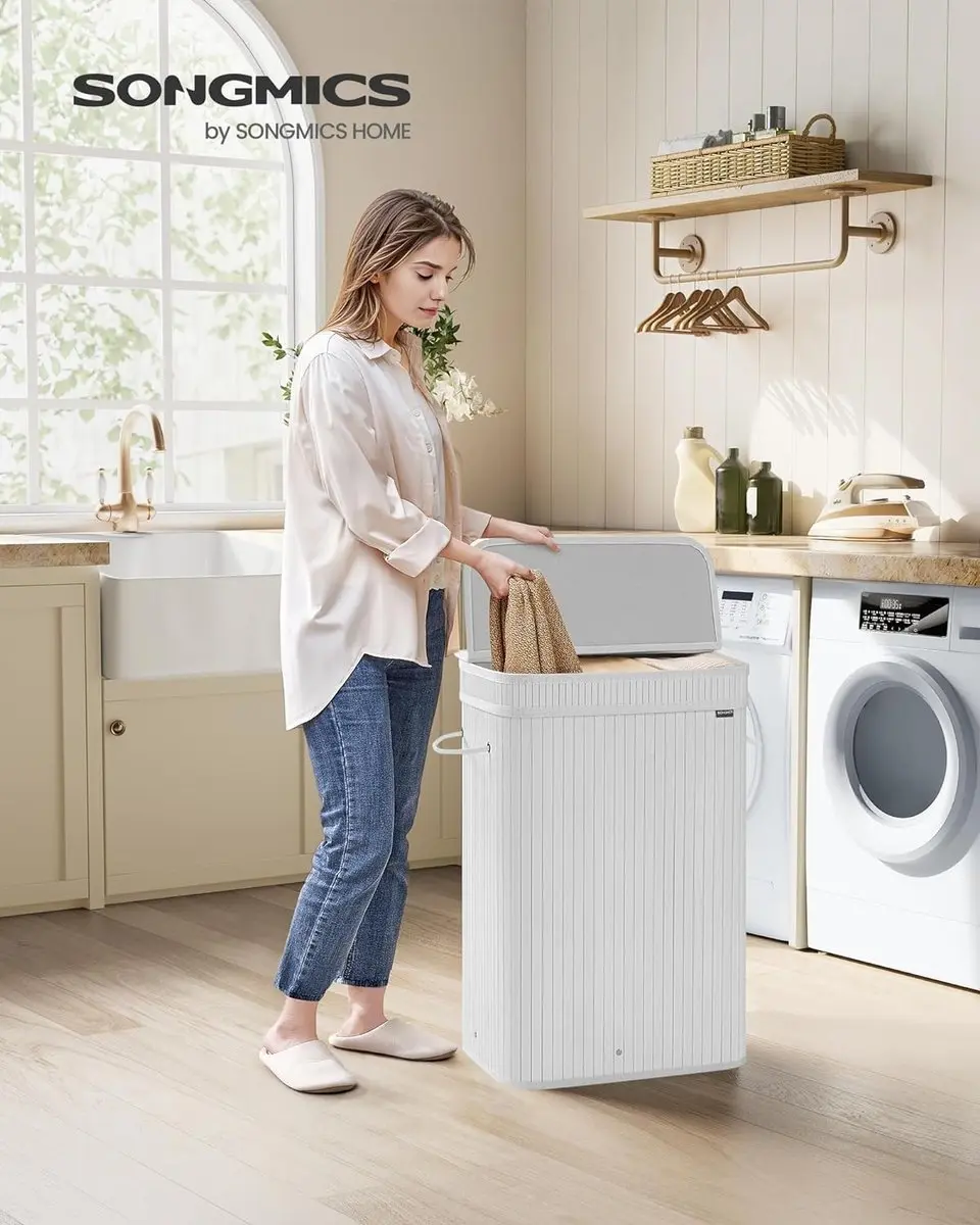 Songmics Wasmand met deksel 72L - Bamboe - Wolkwit