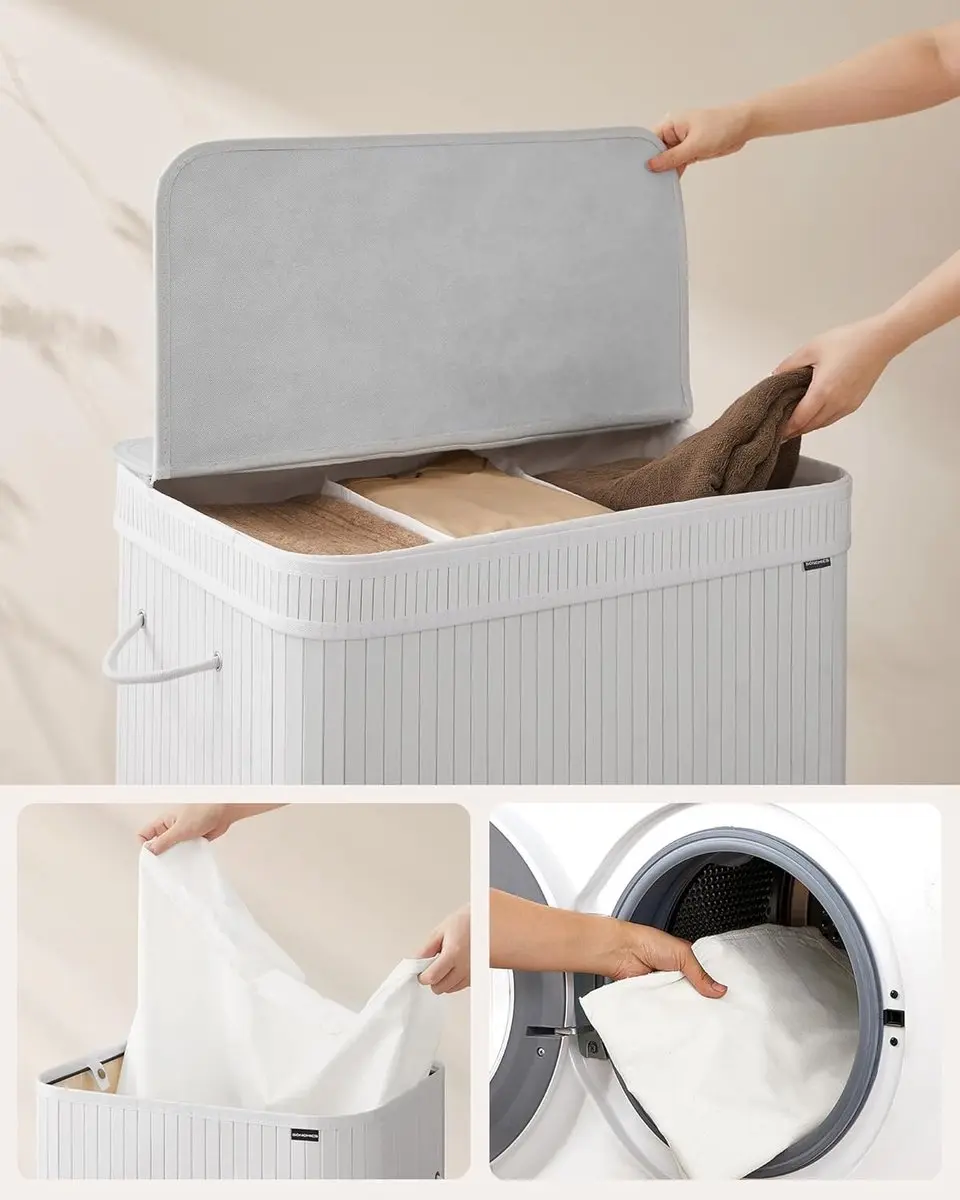 Songmics Wasmand met deksel 72L - Bamboe - Wolkwit