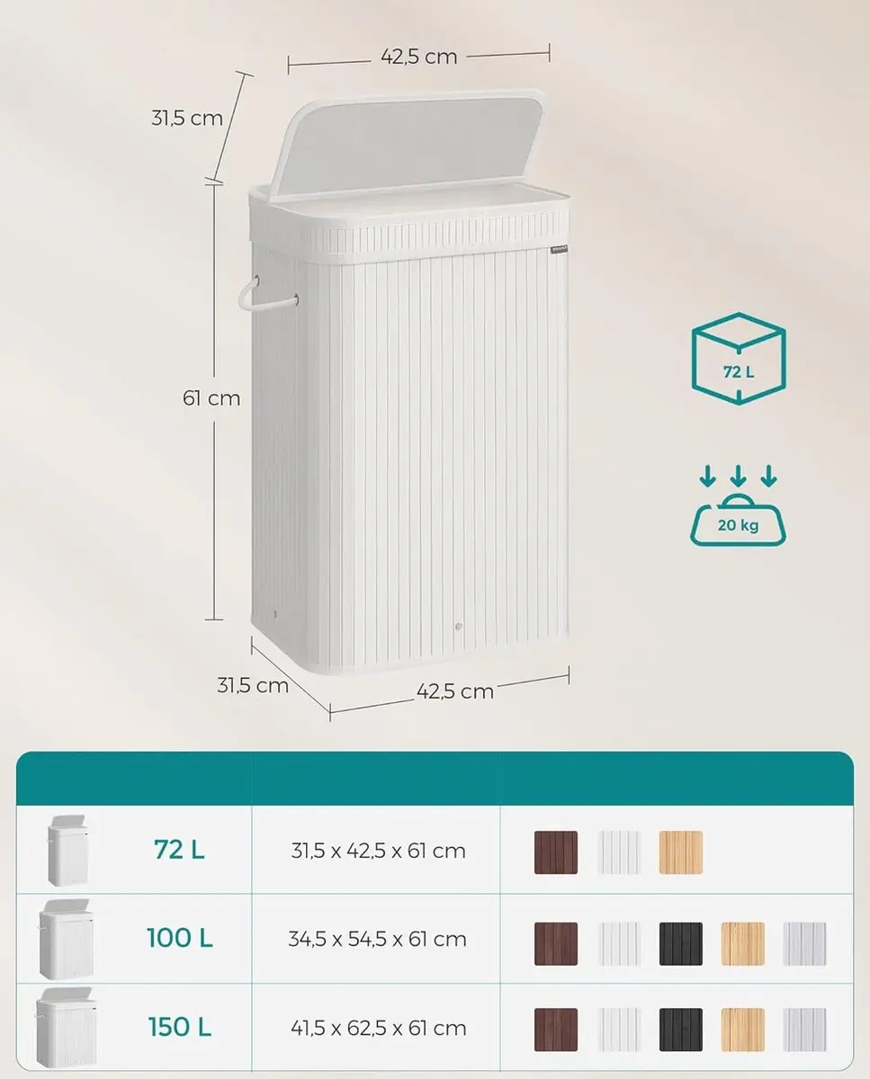 Songmics Wasmand met deksel 72L - Bamboe - Wolkwit