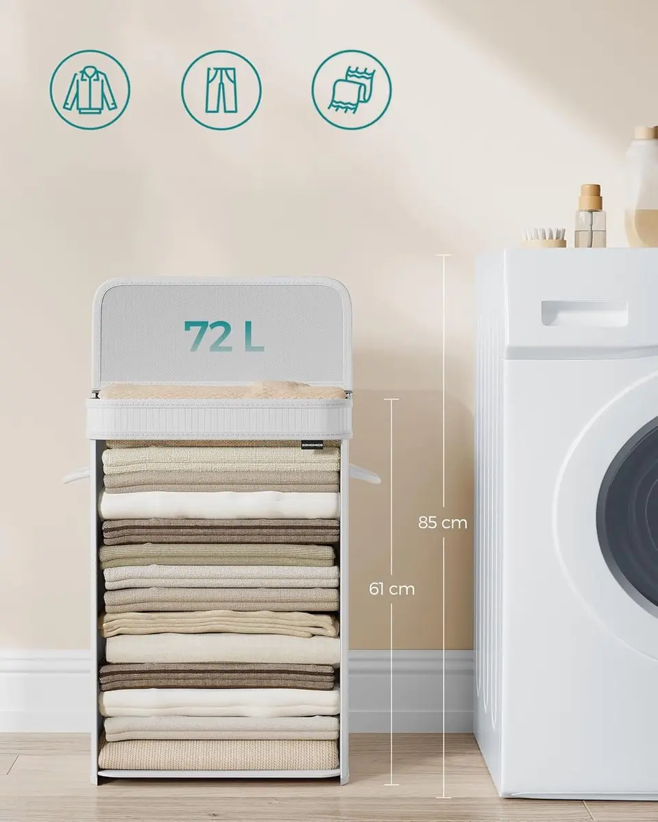 Songmics Wasmand met deksel 72L - Bamboe - Wolkwit