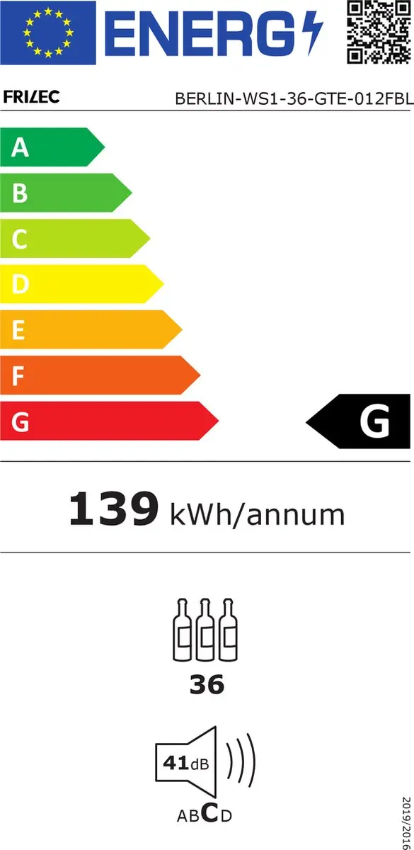 Frilec Berlin WS1 Wijnklimaatkast 36L - 36 Flessen - Inbouw 60cm - Zwart