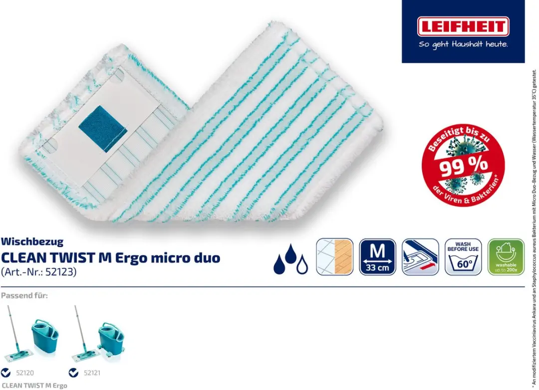 Leifheit Clean Twist/Powerclean Vloerwisserovertrek 33cm - 2 Stuks - Micro Duo - Wit/Turquoise - afbeelding 6 van 6