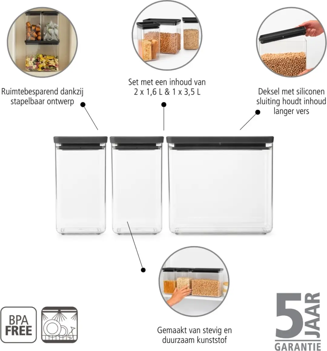 Brabantia Tasty+ Voorraadbussen 6,7L - 6 Stuks - MPN 230707 Dark Grey