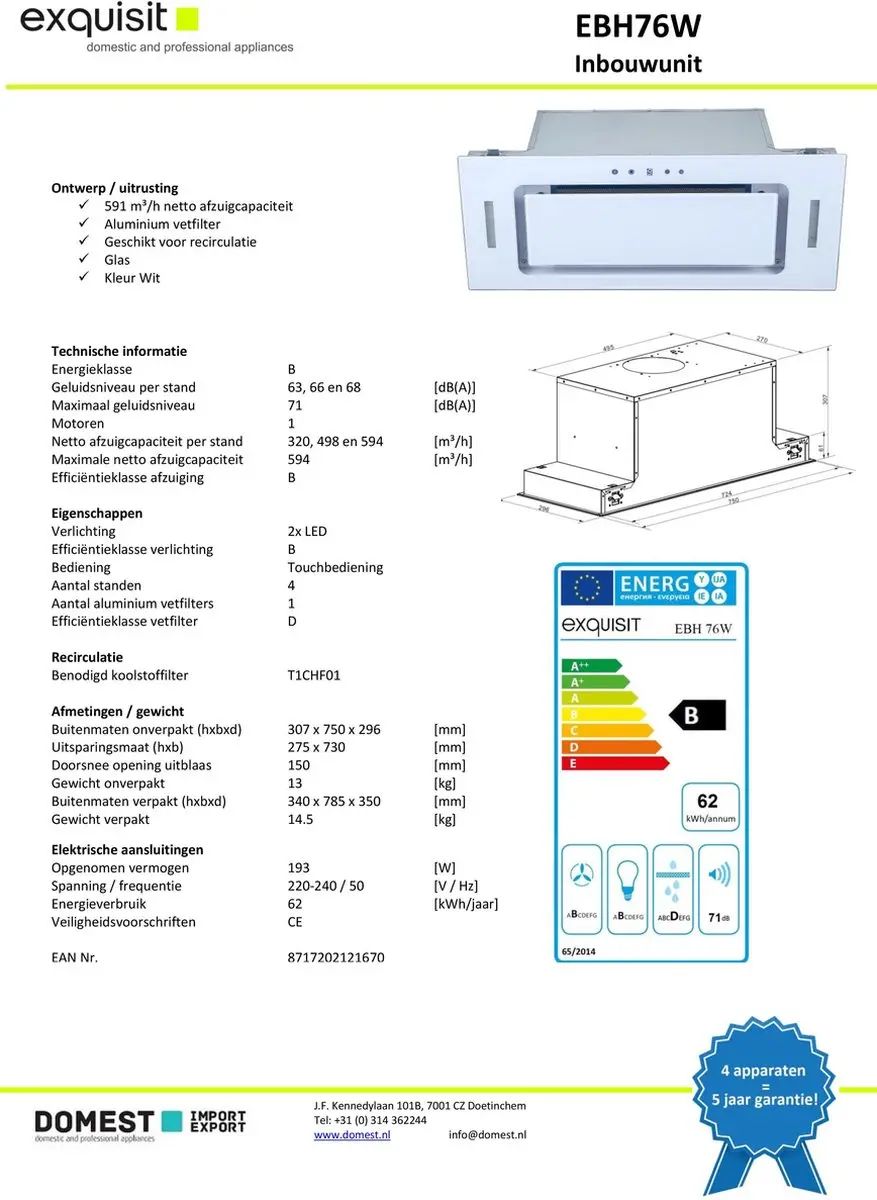 Exquisit EBH76W Inbouw Afzuigkap - 591 m³/u - Wit