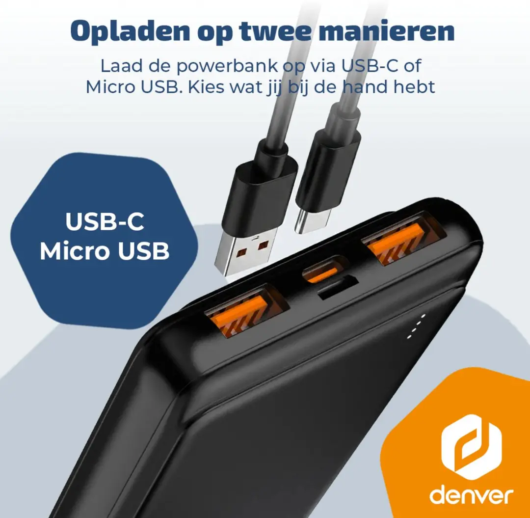 Denver Powerbank PQC10009 10000mAh - 22,5W PD - Zwart