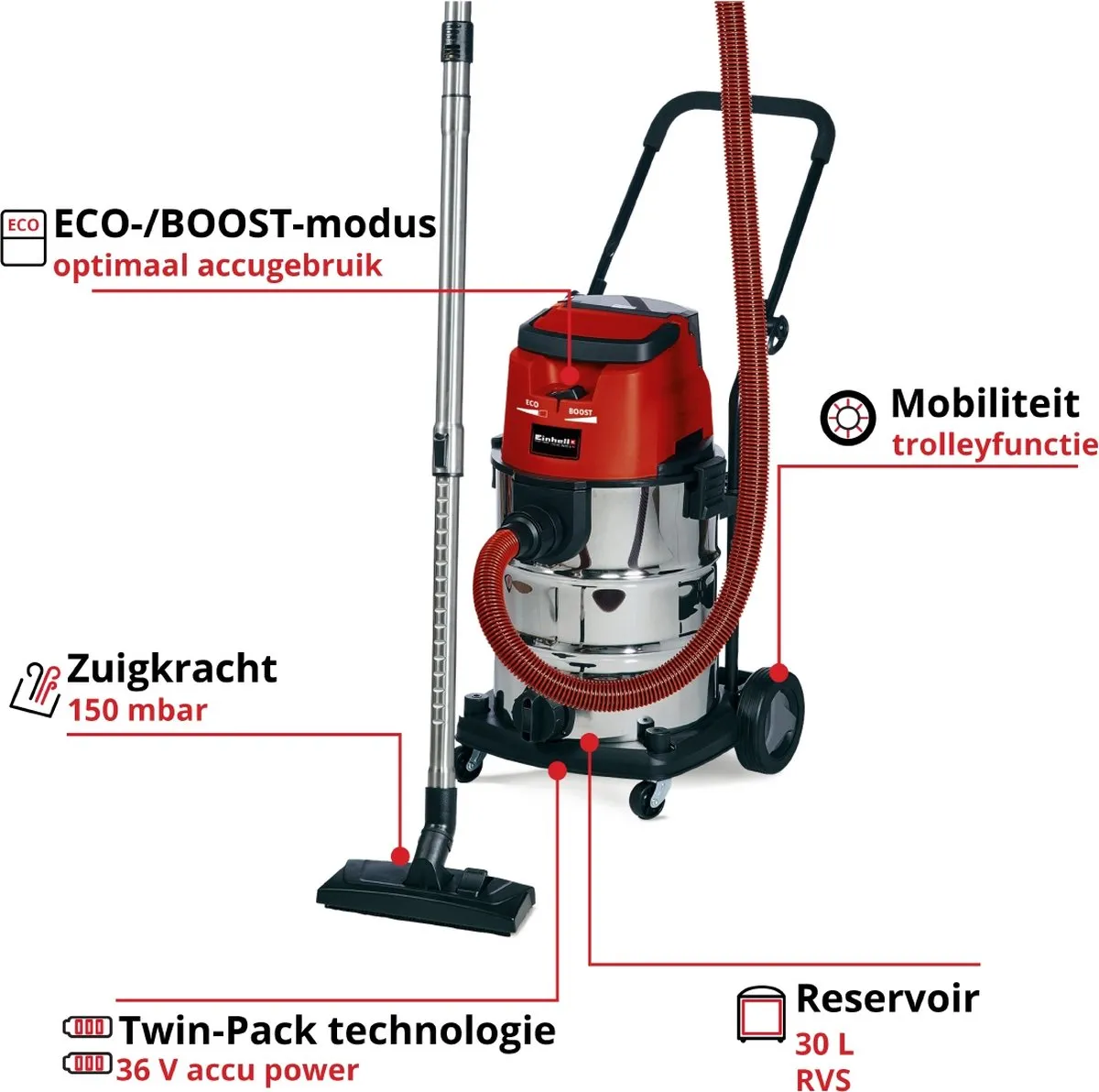 Einhell TE-VC 36/30 Li S Solo Accu Nat-/Droogzuiger - 30L - 36V - Blaasfunctie