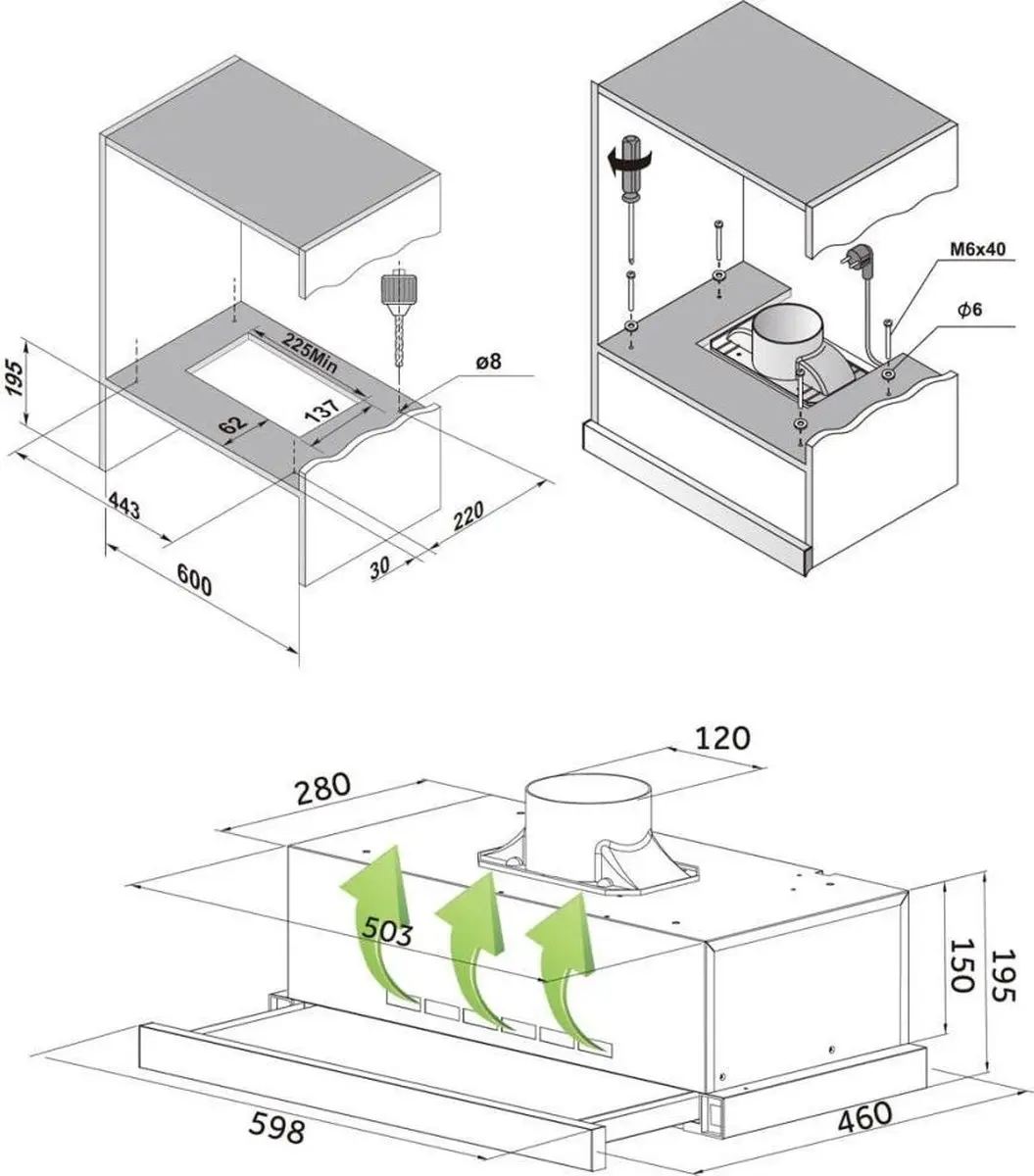 Exquisit FSH61 Vlakscherm Afzuigkap - 280 m³/u - 120mm