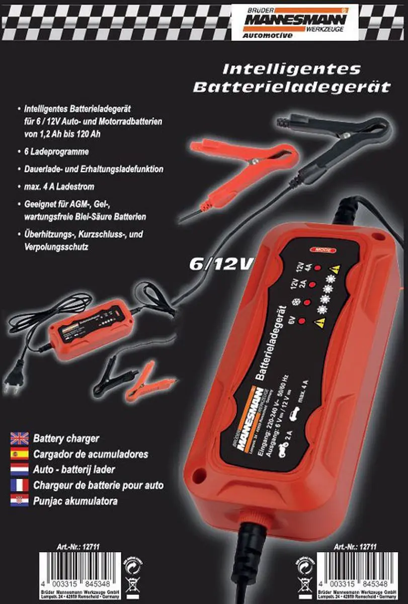 Brüder Mannesmann Acculader Universeel 6/12V - Rood/Zwart