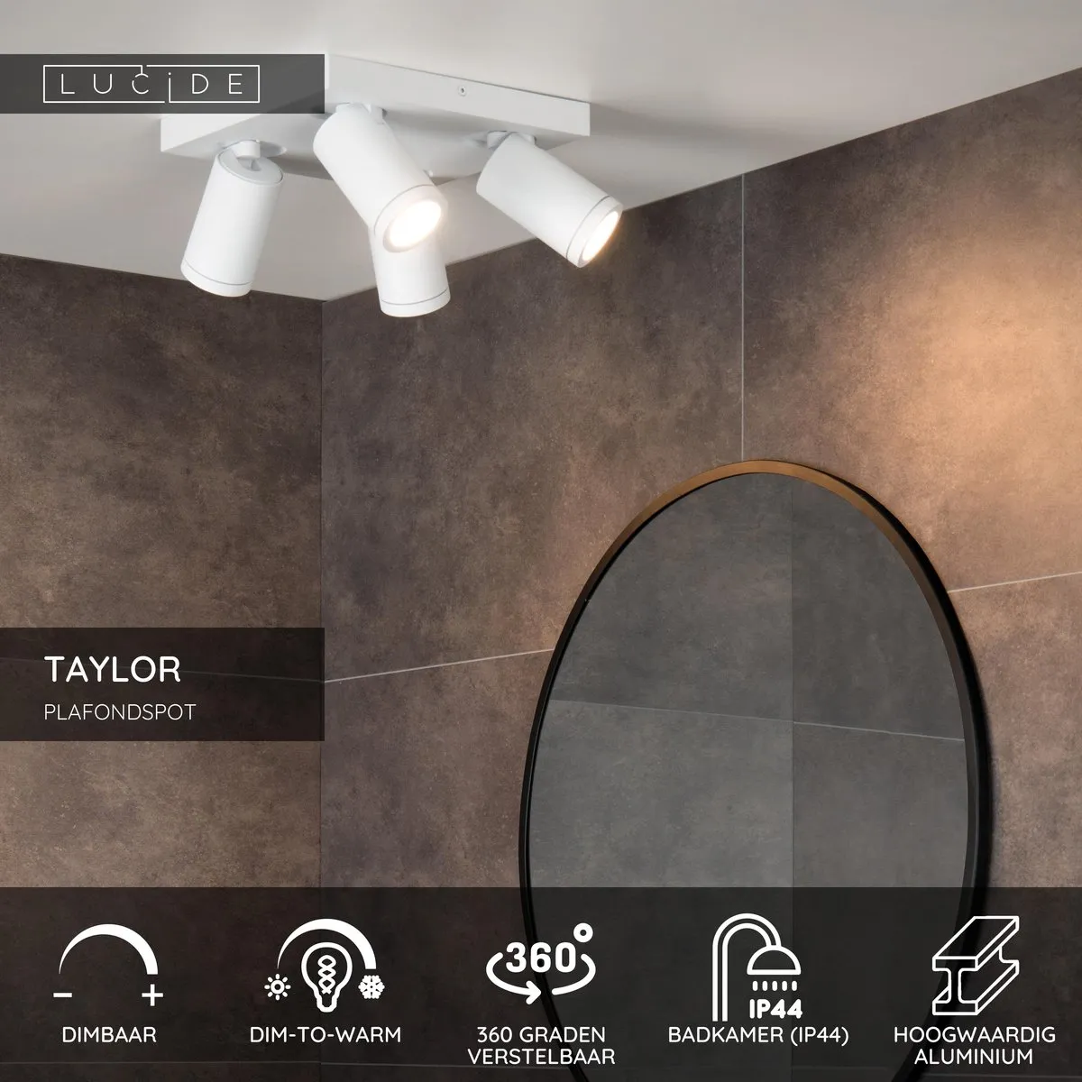Lucide Taylor Plafondspot LED GU10 4x5W 2200K/3000K - IP44 Wit
