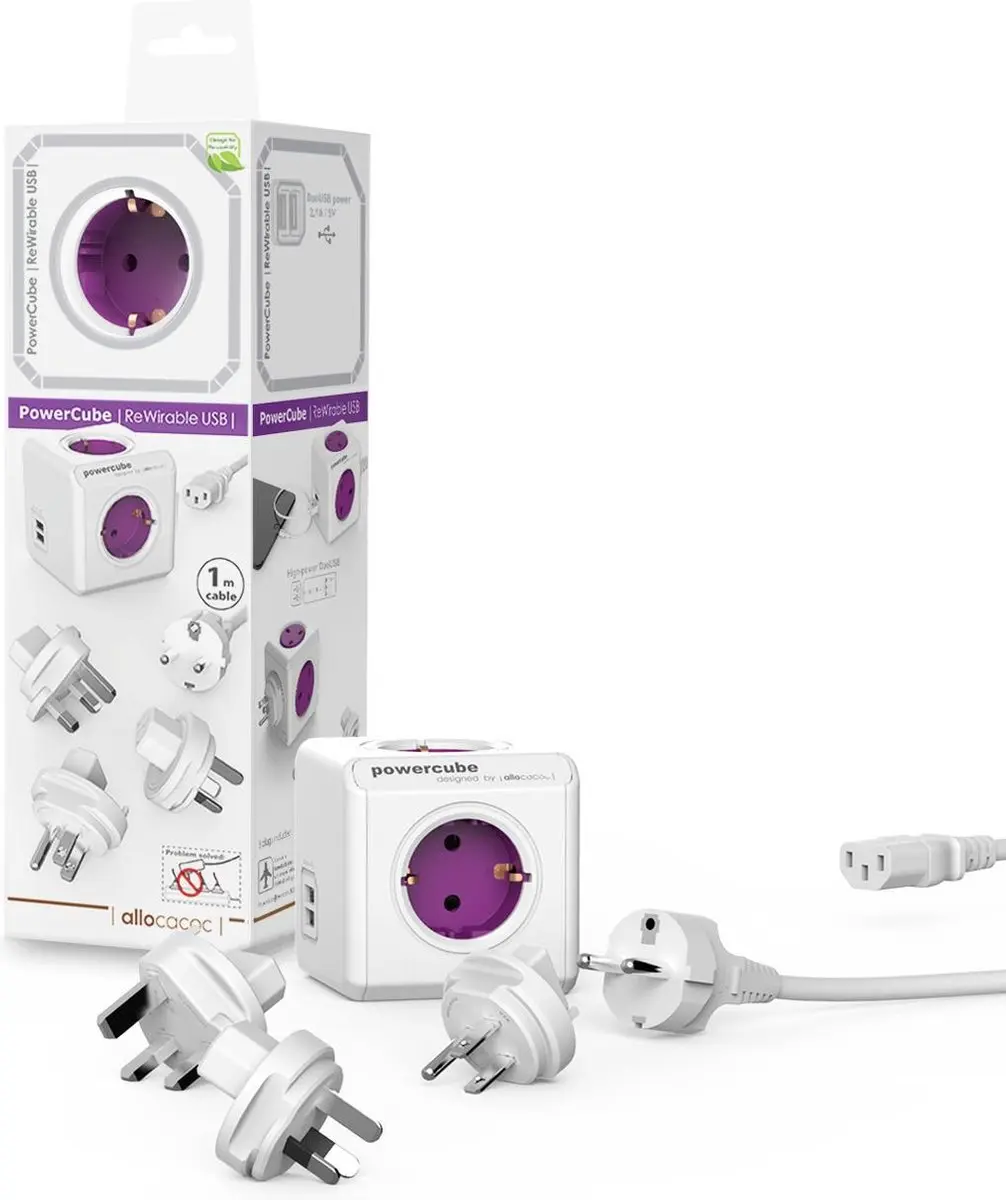 Allocacoc PowerCube ReWirable USB 1811/DERW3P - 2x USB - EU Kabel - Paars