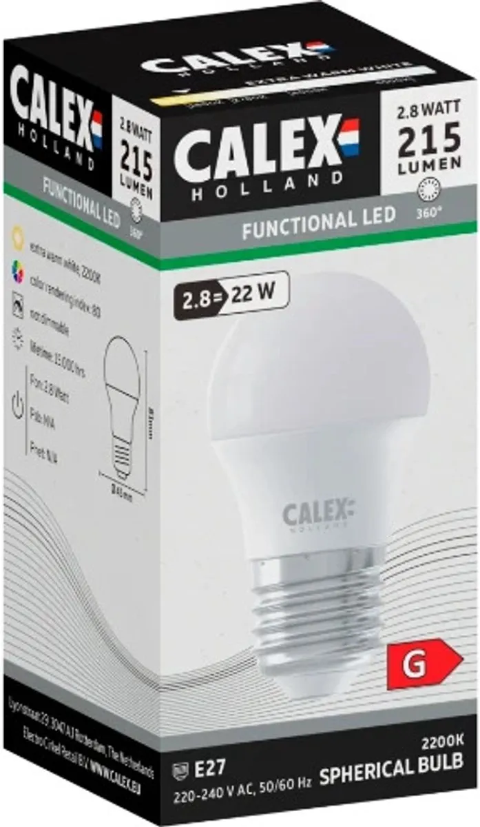 Calex E27 LED Kogellamp 2.8W 215Lm 2200K - Helder