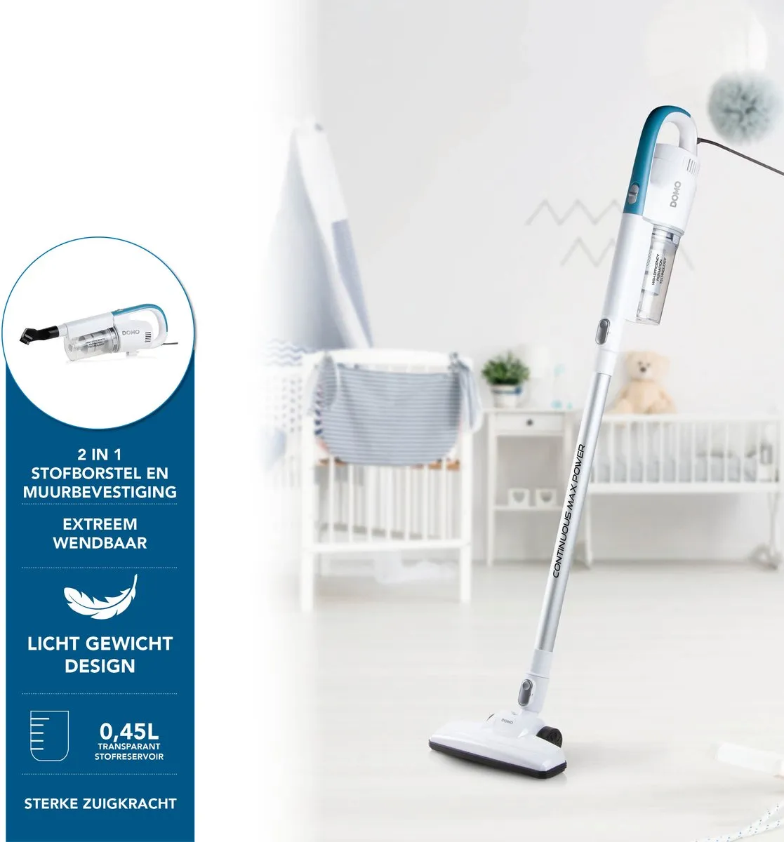 Domo DO237SV Steelstofzuiger 2-in-1 - 450W - 0,45L - Blauw/Wit