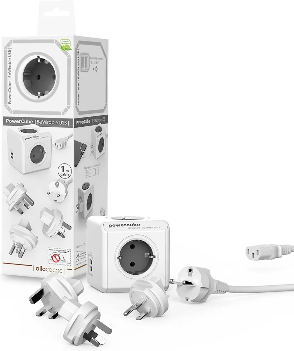 Allocacoc PowerCube ReWirable USB - 2x USB + 3x Stopcontacten - Grijs