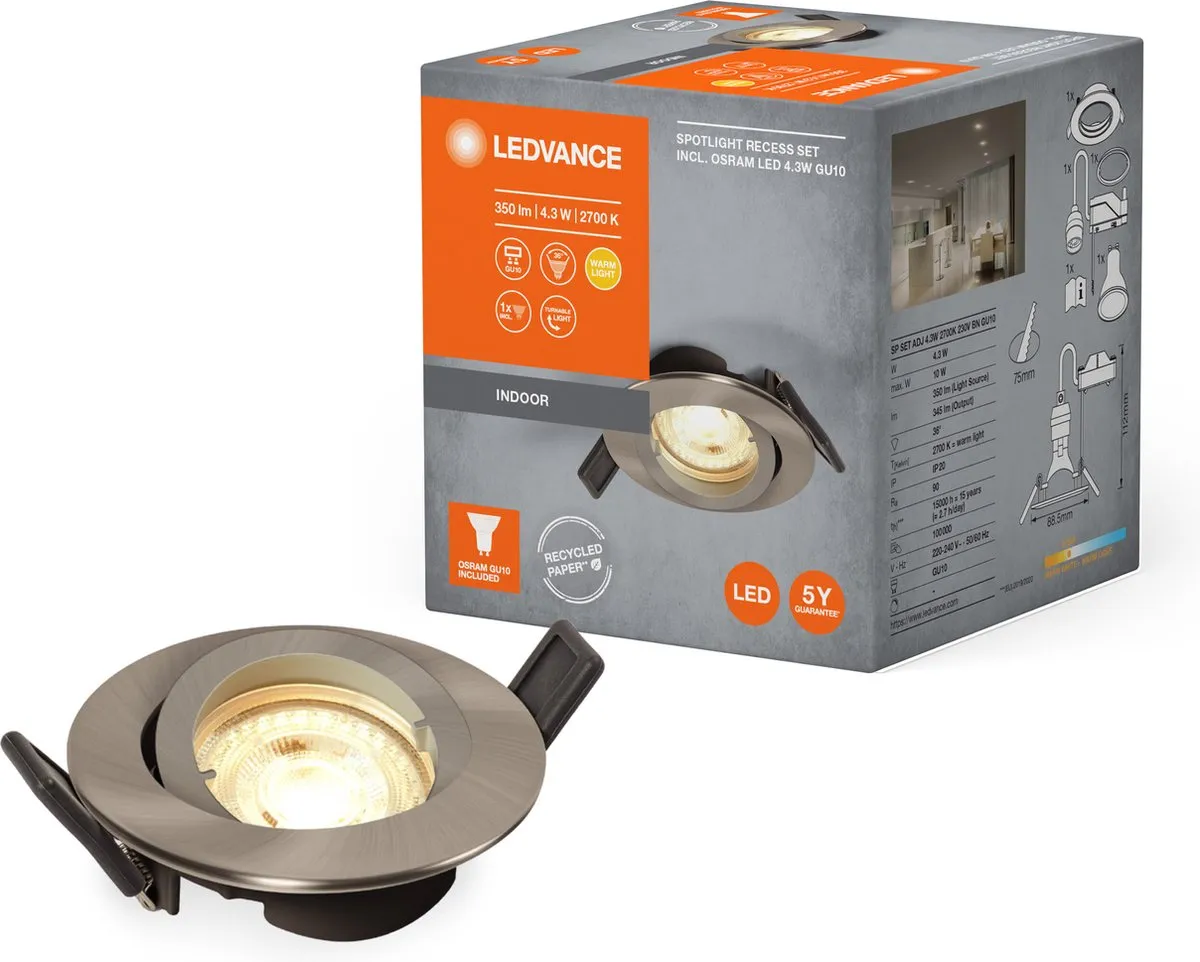 LEDVANCE Recess Downlight Twistlock GU10 - Warm Wit 2700K - Brushed Nickel
