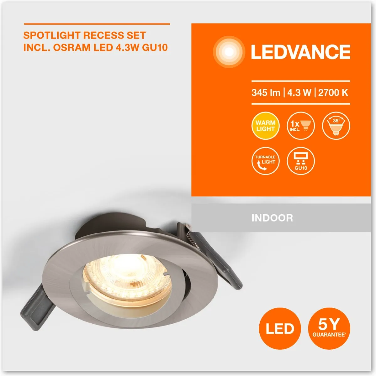 LEDVANCE Recess Downlight Twistlock GU10 - Warm Wit 2700K - Brushed Nickel - afbeelding 6 van 6
