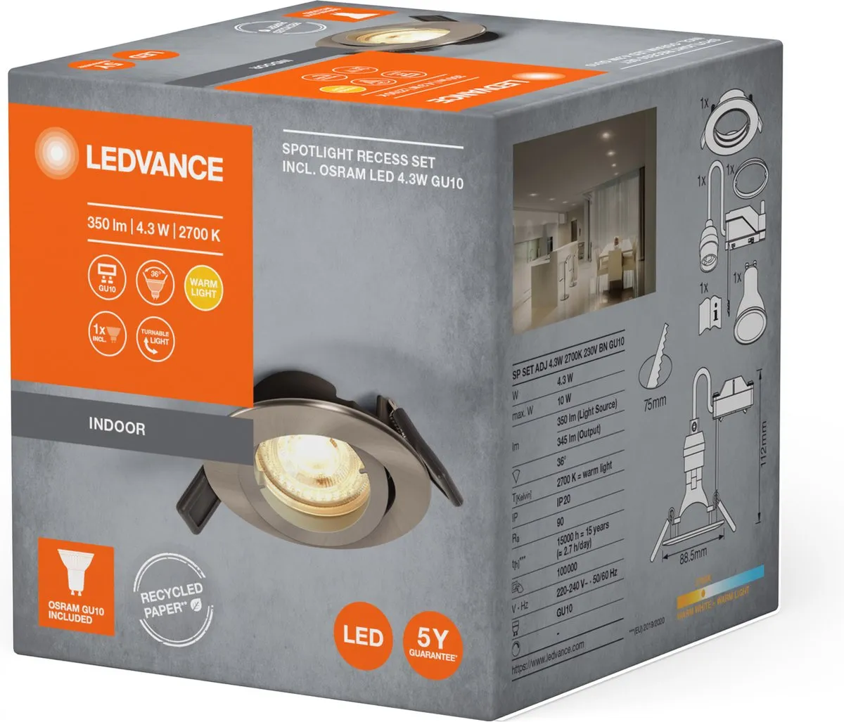 LEDVANCE Recess Downlight Twistlock GU10 - Warm Wit 2700K - Brushed Nickel