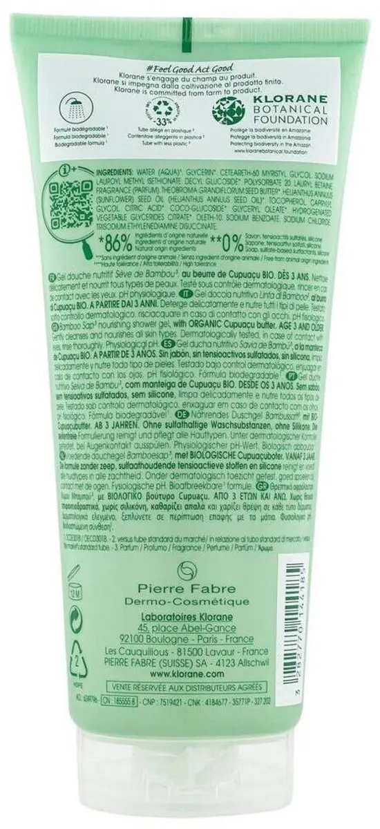Klorane Douchegel BIO Cupuaçu Bamboesap 200ml