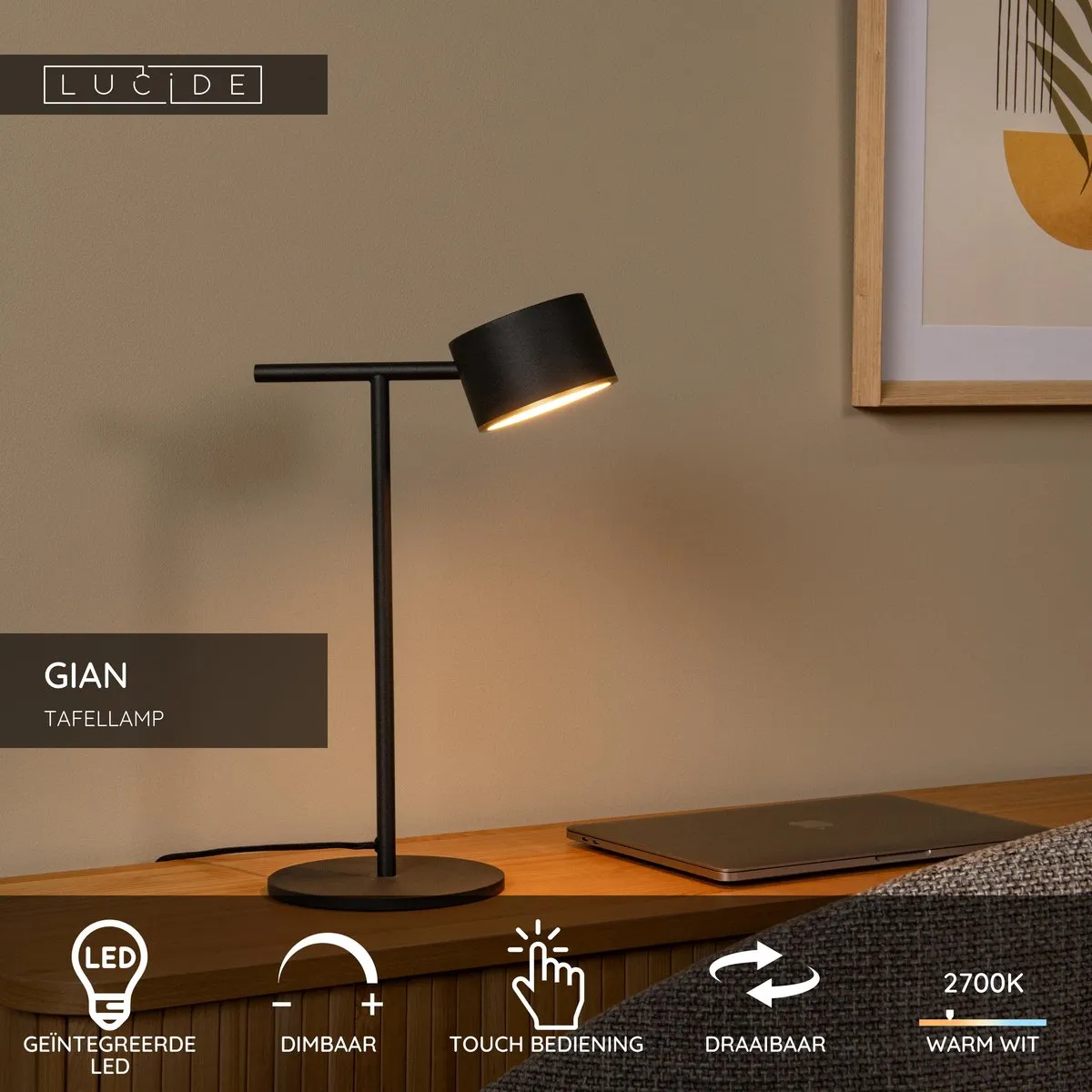 Lucide GIAN LED Tafellamp 9W 2700K - Zwart