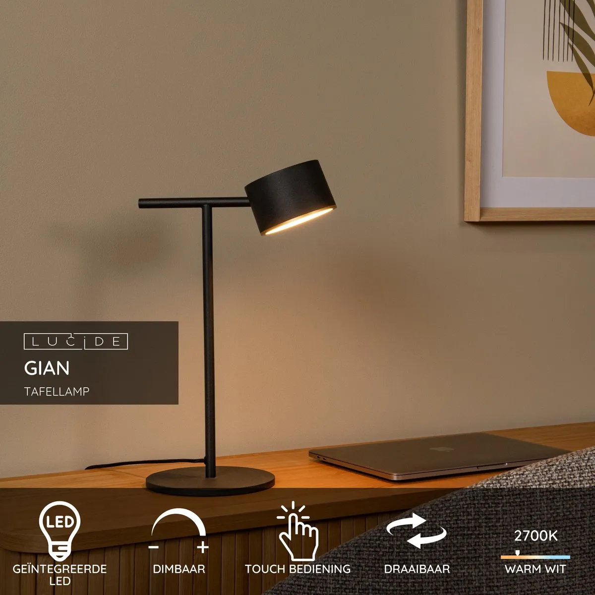 Lucide GIAN LED Tafellamp 9W 2700K - Zwart