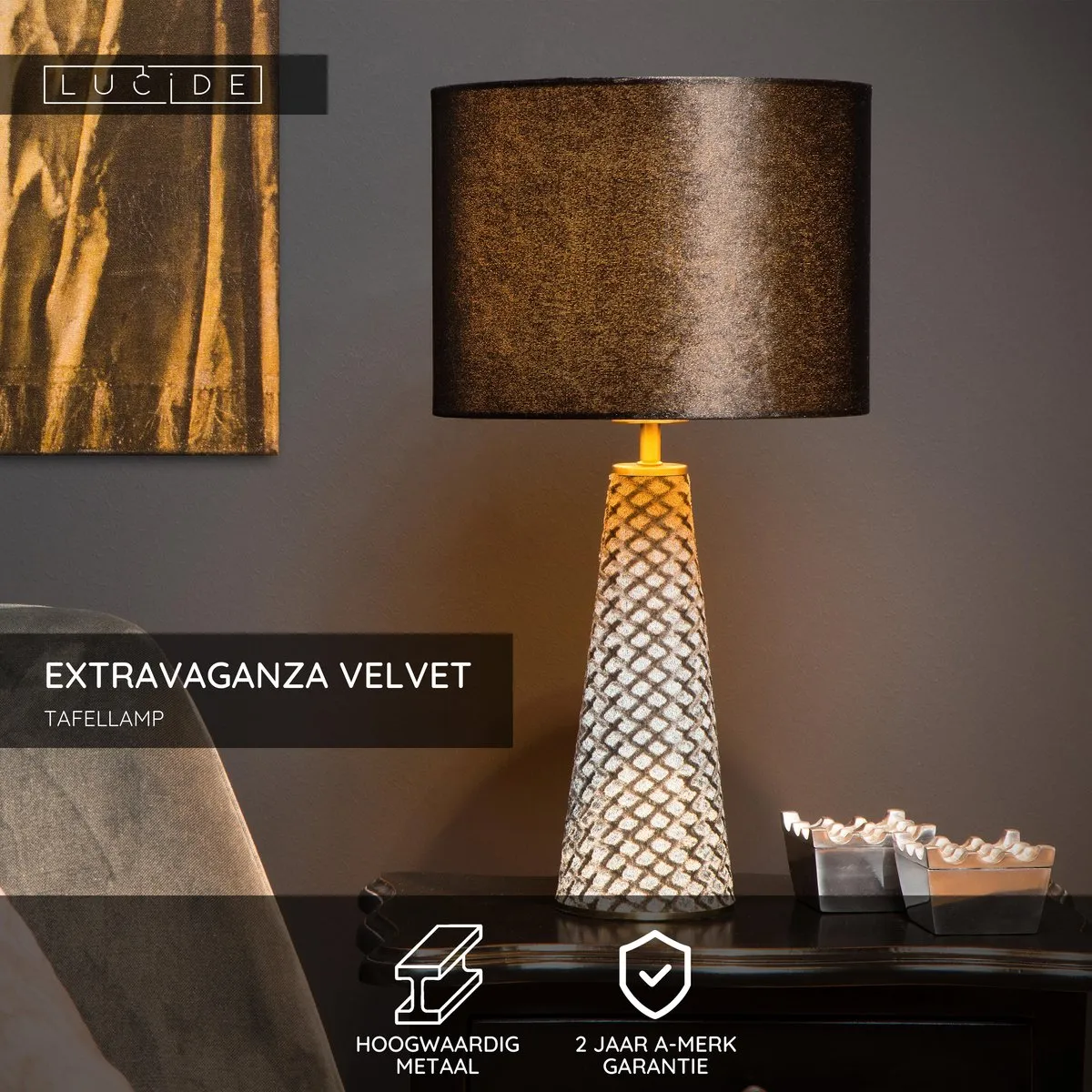 Lucide Extravaganza Velvet Tafellamp Ø25cm - Zwart