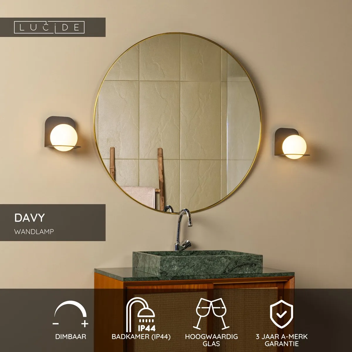 Lucide DAVY Wandlamp Badkamer 1xG9 33W - Zwart