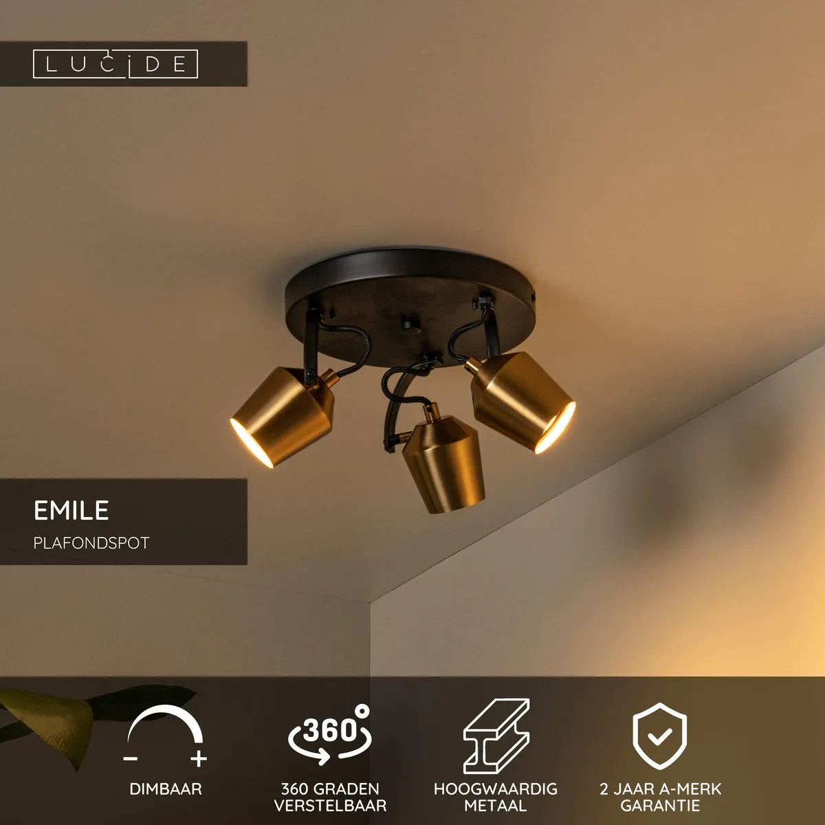 Lucide Emile Plafondspot Ø23cm 3xGU10 - Mat Goud/Messing
