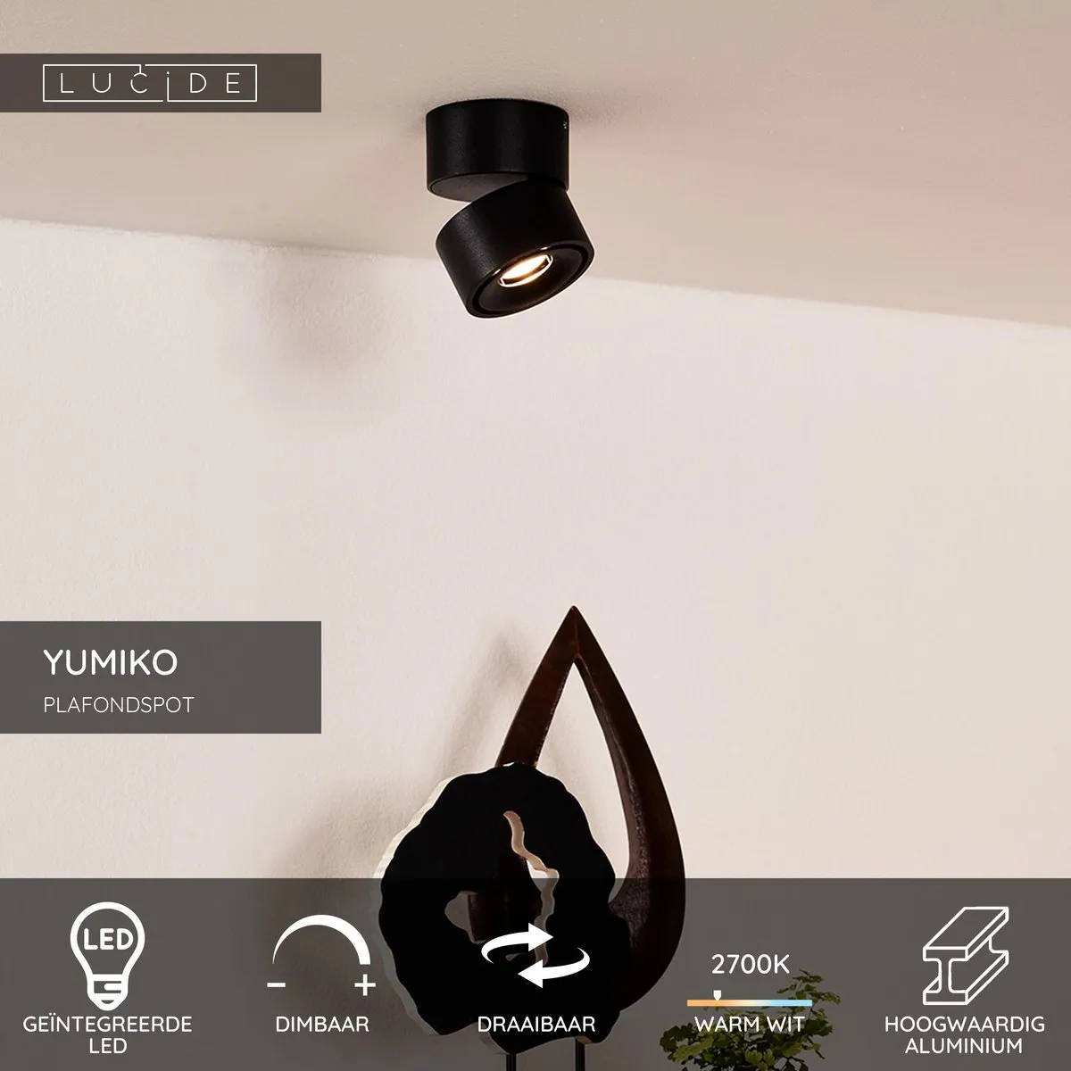 Lucide Yumiko Plafondspot - Ø7,8cm LED 10W 2700K Zwart