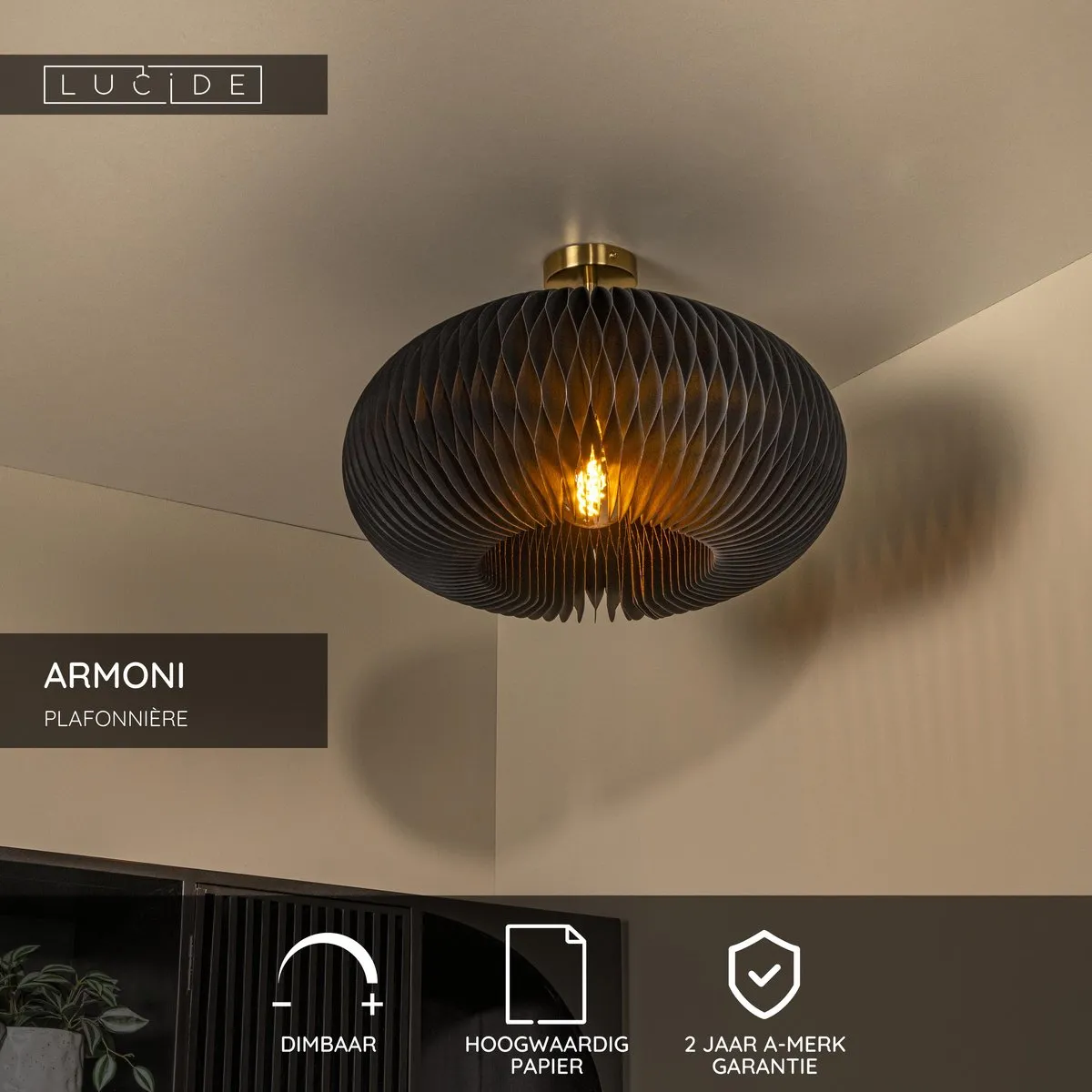 Lucide Armoni Plafondlamp Ø52cm - 1xE27 Zwart
