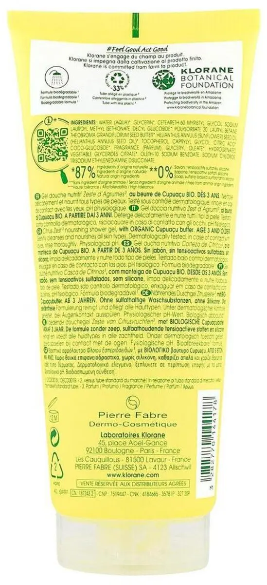 Klorane Huid Zeste d'Agrumes Douchegel 200ml