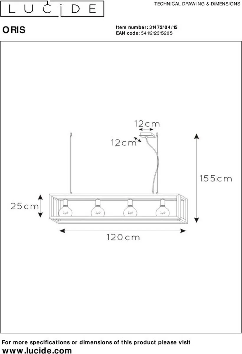 Lucide Oris Hanglamp 4xE27 Grijs ijzer