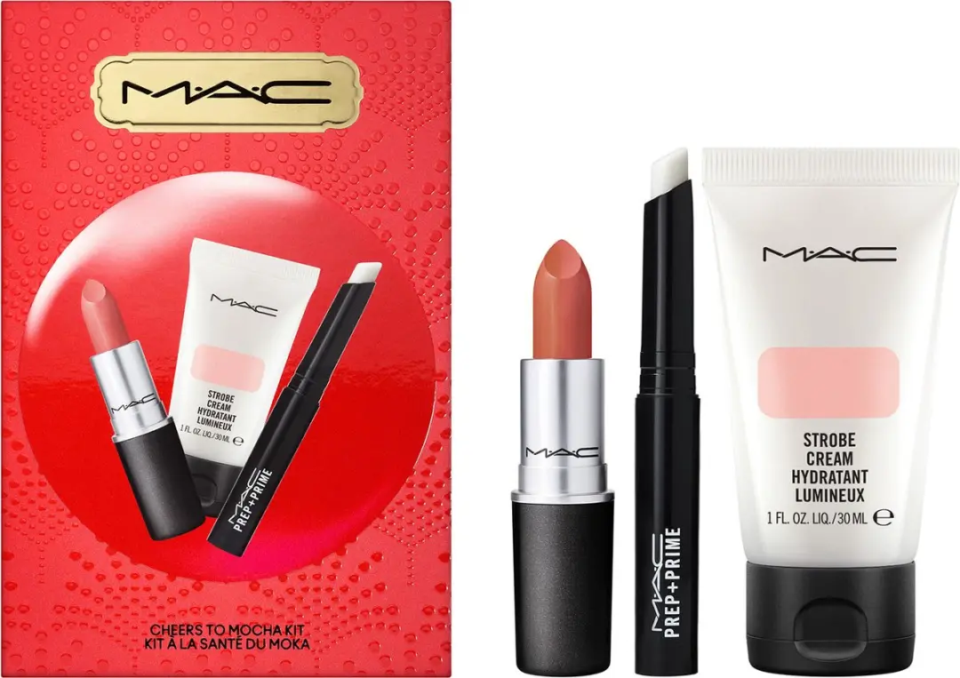 MAC Cheers To Mocha 3-Set Matte Lipstick Lip Primer Strobecream