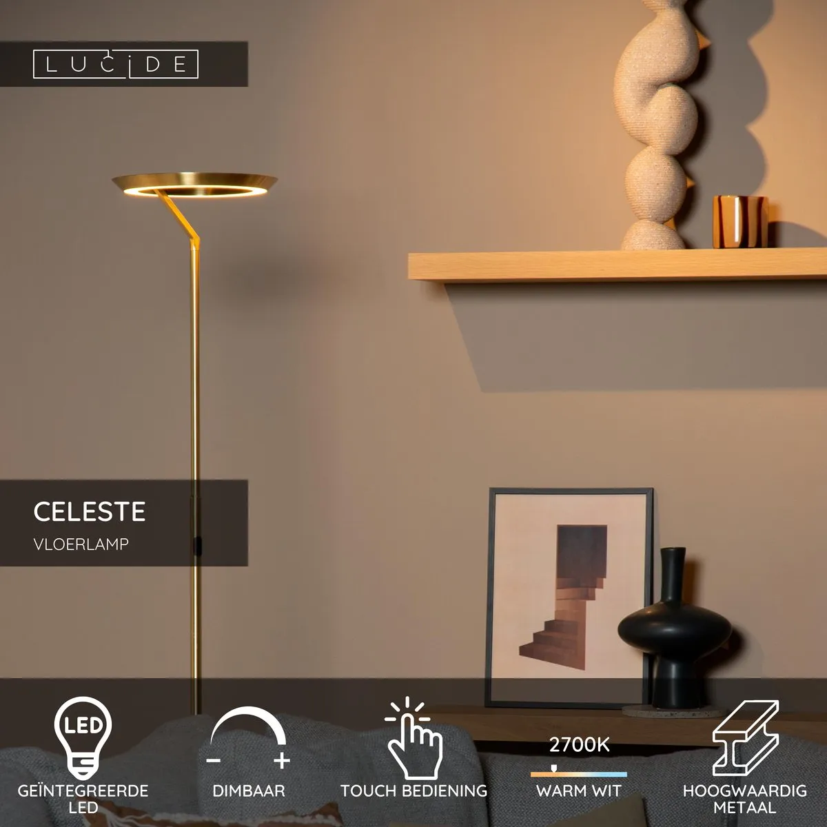 Lucide Celeste Vloerlamp - Ø28cm Mat Goud/Messing