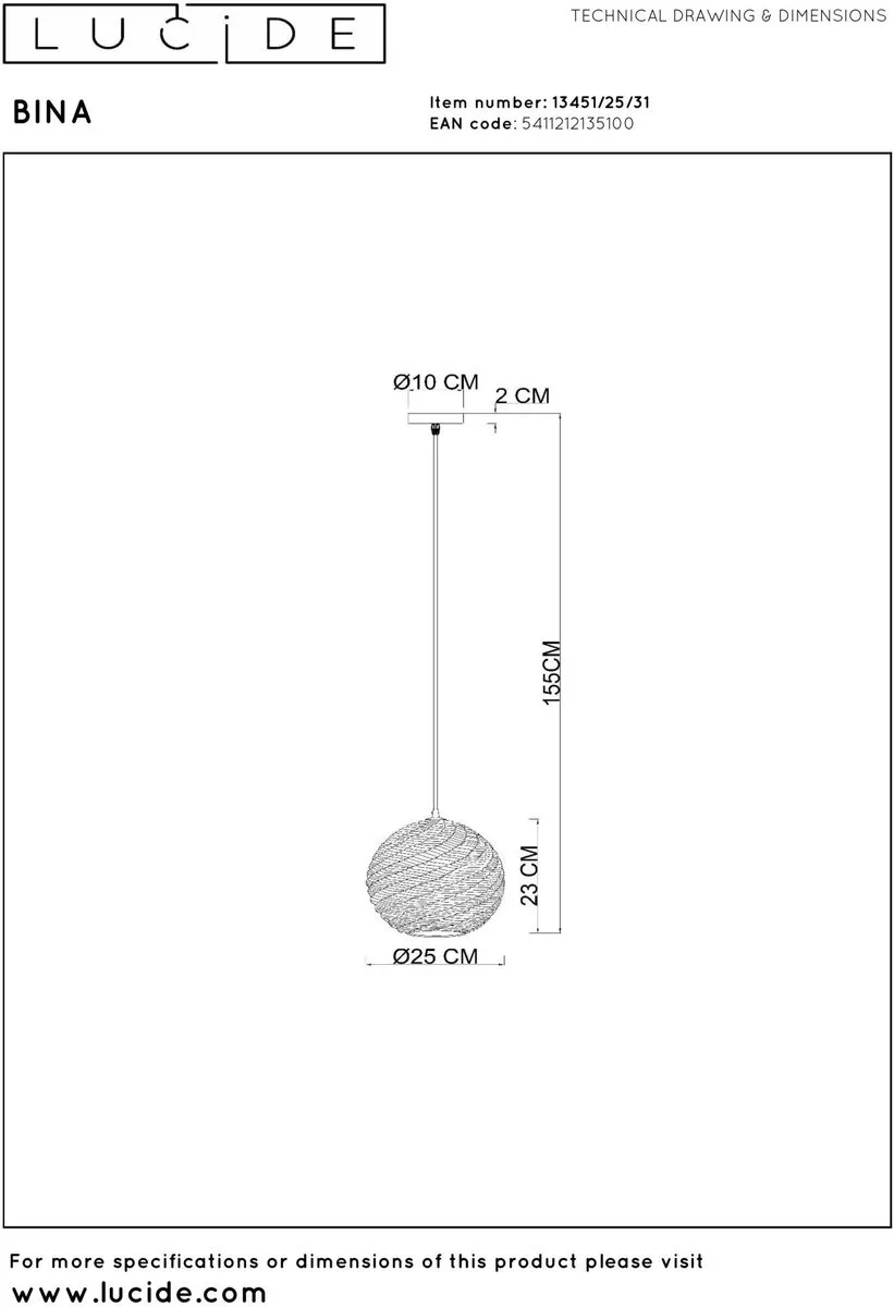 Lucide BINA Hanglamp Ø25cm - 1xE27 - Wit