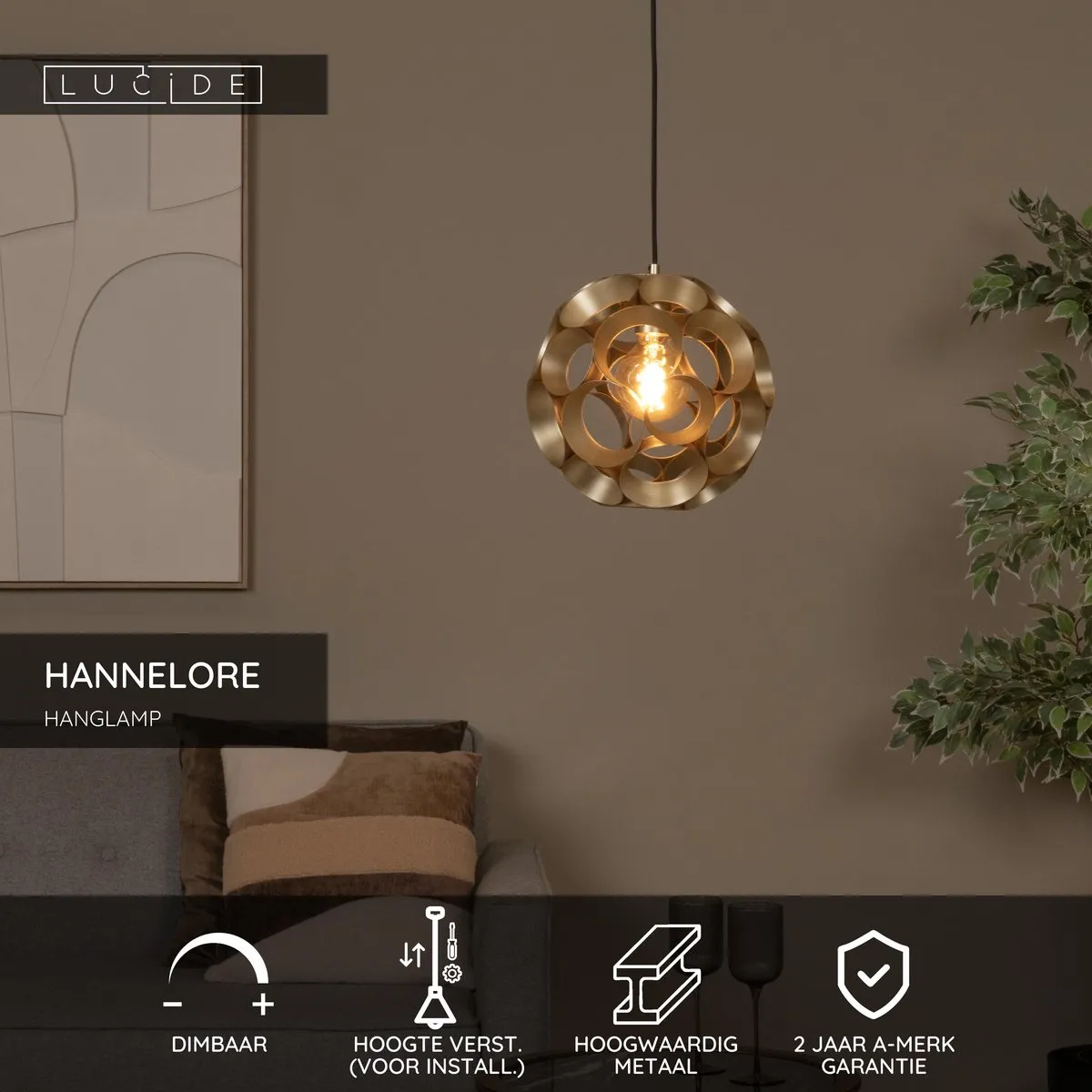 Lucide HANNELORE Hanglamp Ø30cm - Mat Goud/Messing